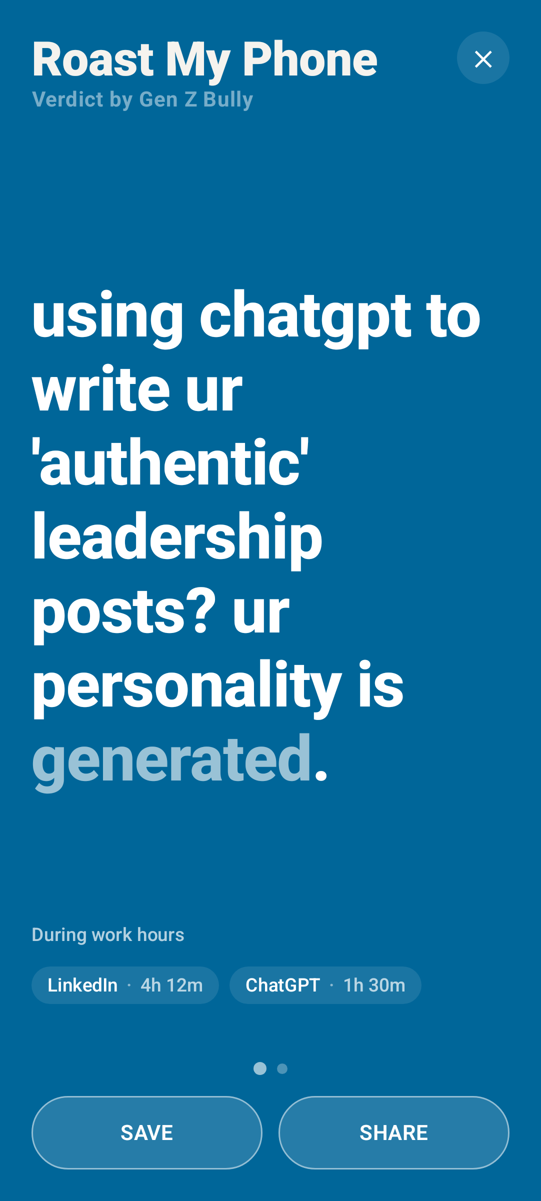 Roast My Phone Android app screenshot showing a roast about using AI to write leadership posts.