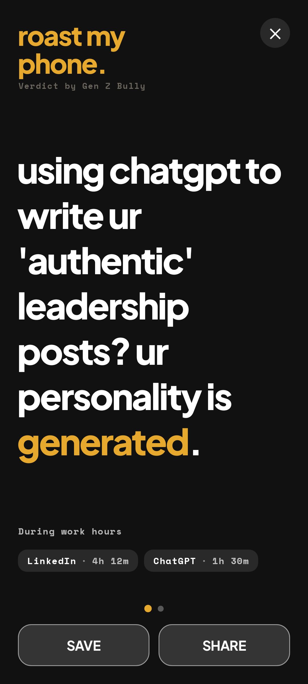 Roast My Phone Android app screenshot showing a roast about using ChatGPT to write leadership posts.