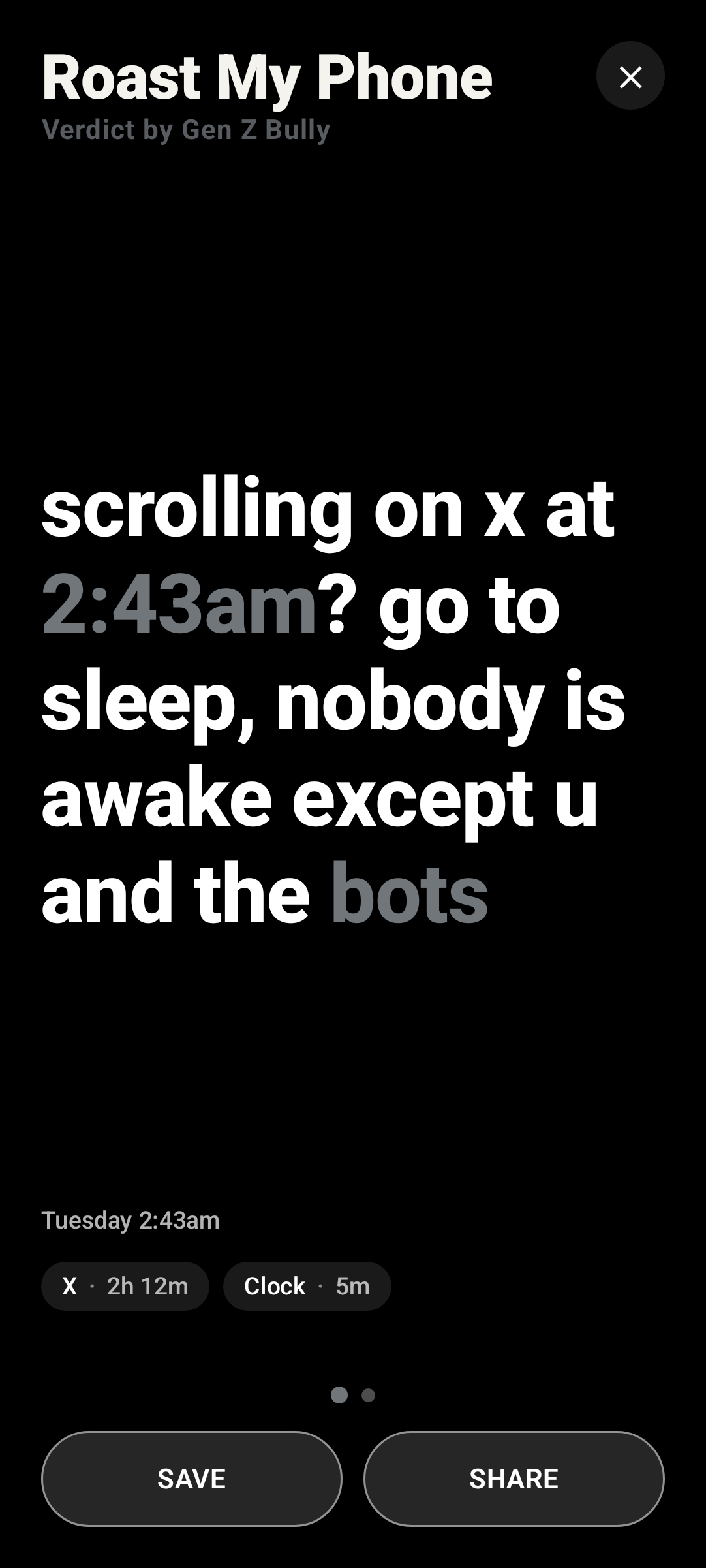 Roast My Phone Android app screenshot showing a roast about doomscrolling on X at 2:43 a.m.
